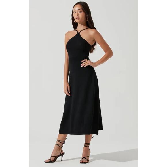 ASTR The Label Black Halter Midi Dress Y Neckline Medium Cocktail LBD Timeless - Picture 1 of 6